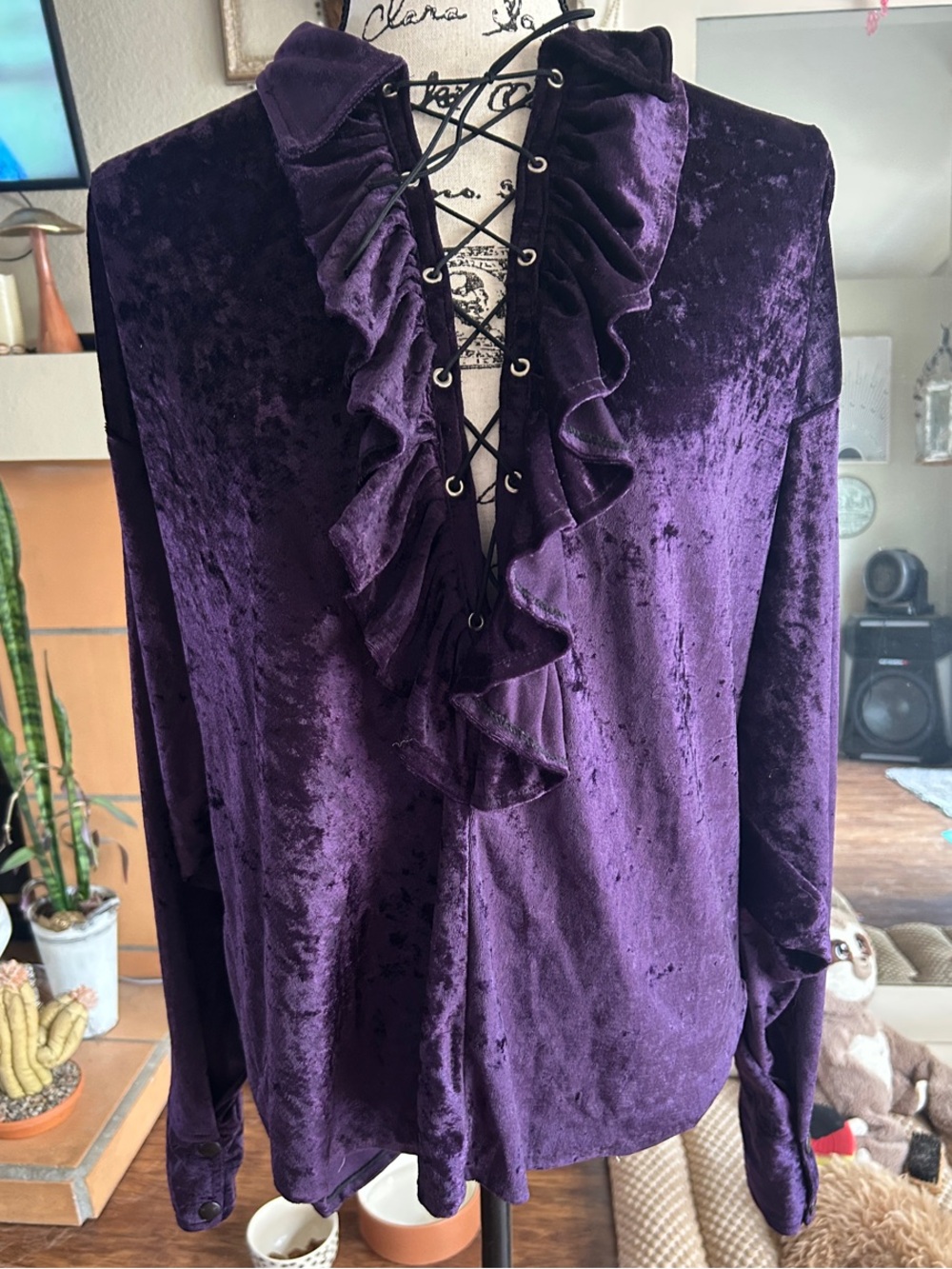 Purple Velvet Ruffle Lace-Up Top